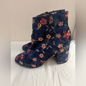 Navy Suede Embroidered Floral Heeled Booties